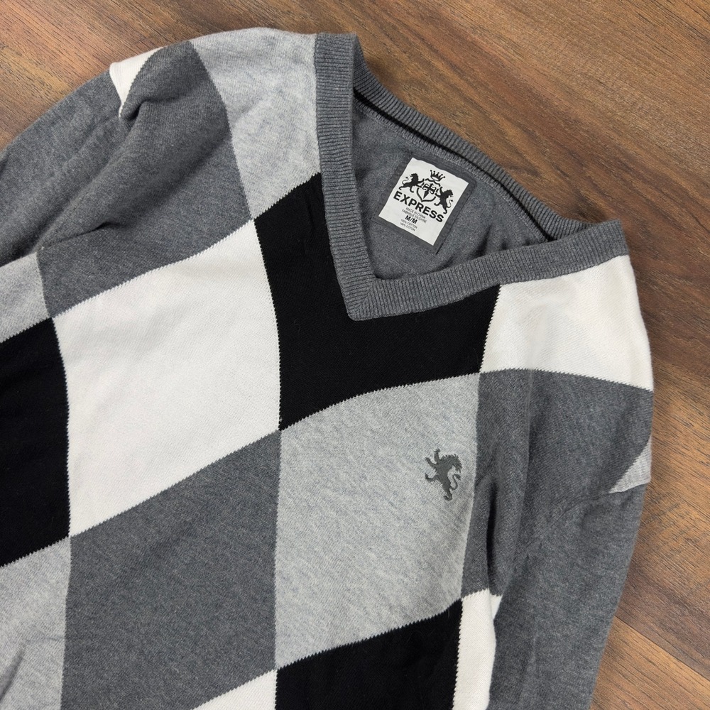 Y2K Express Mens Argyle V-Neck Sweater Grey Black White Cotton Knit Size M